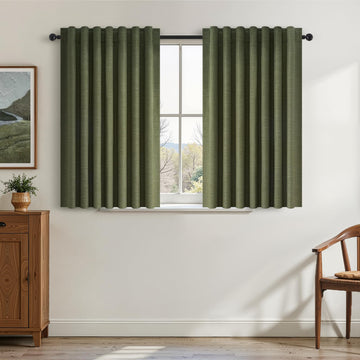 Kitchen Curtains 54 Inch Length Linen Blackout Curtains for Small Window Back Tab Rod Pocket Pinch Pleated 100% Black