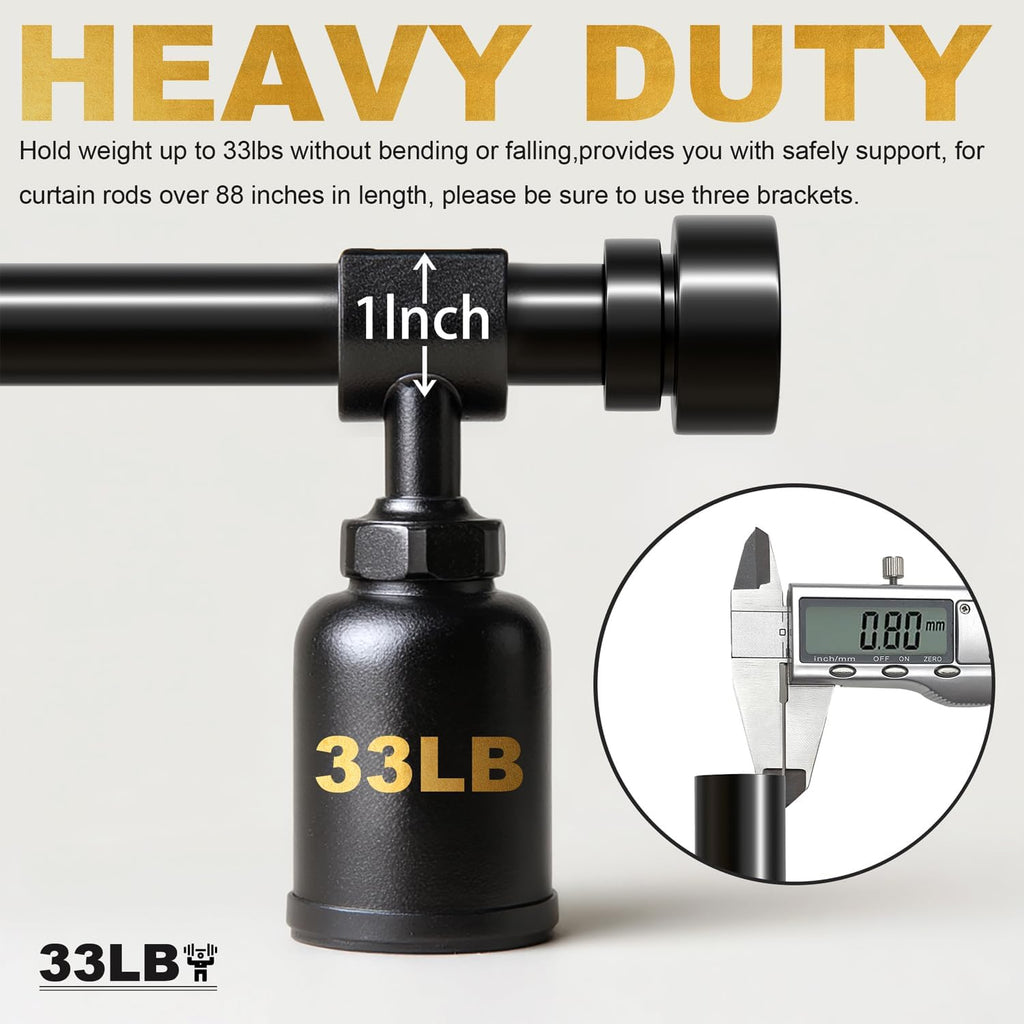 Modern Black Curtain Rods for Windows 66 to 120 Inches Adjustable Length Heavy Duty 1" Diameter Window Curtain Rod