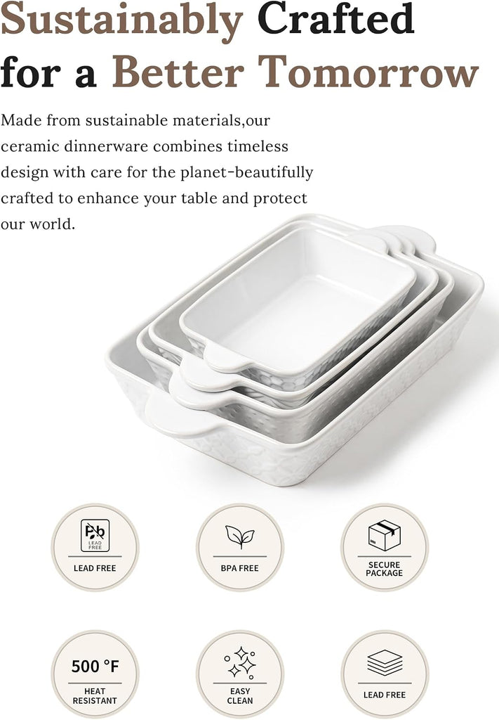 Casserole Dishes for Oven - Ceramic Bakeware Sets of 4, Rectangular Deep Dishes with Handles, Lasagna Pans Cooking &