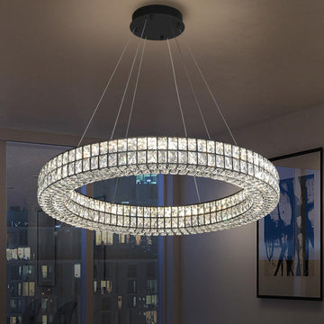Modern Led Ring Chandeliers Dimmable Crystal Chandelier for Living Room Dining Room Ring Pendant Light Adjustable 24 inch Black