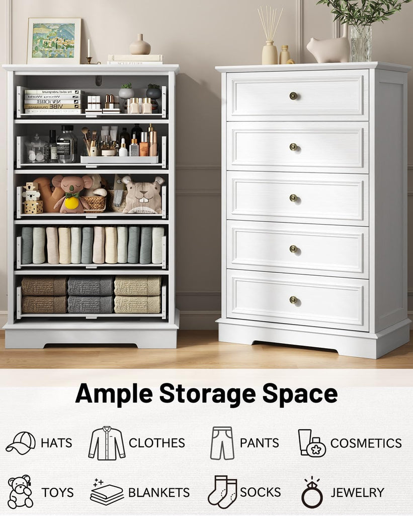 White Dresser , 44" Tall 5 Drawer Dresser, Wooden Chest of Drawers with Large Storage, Vertical Dressers for Closet