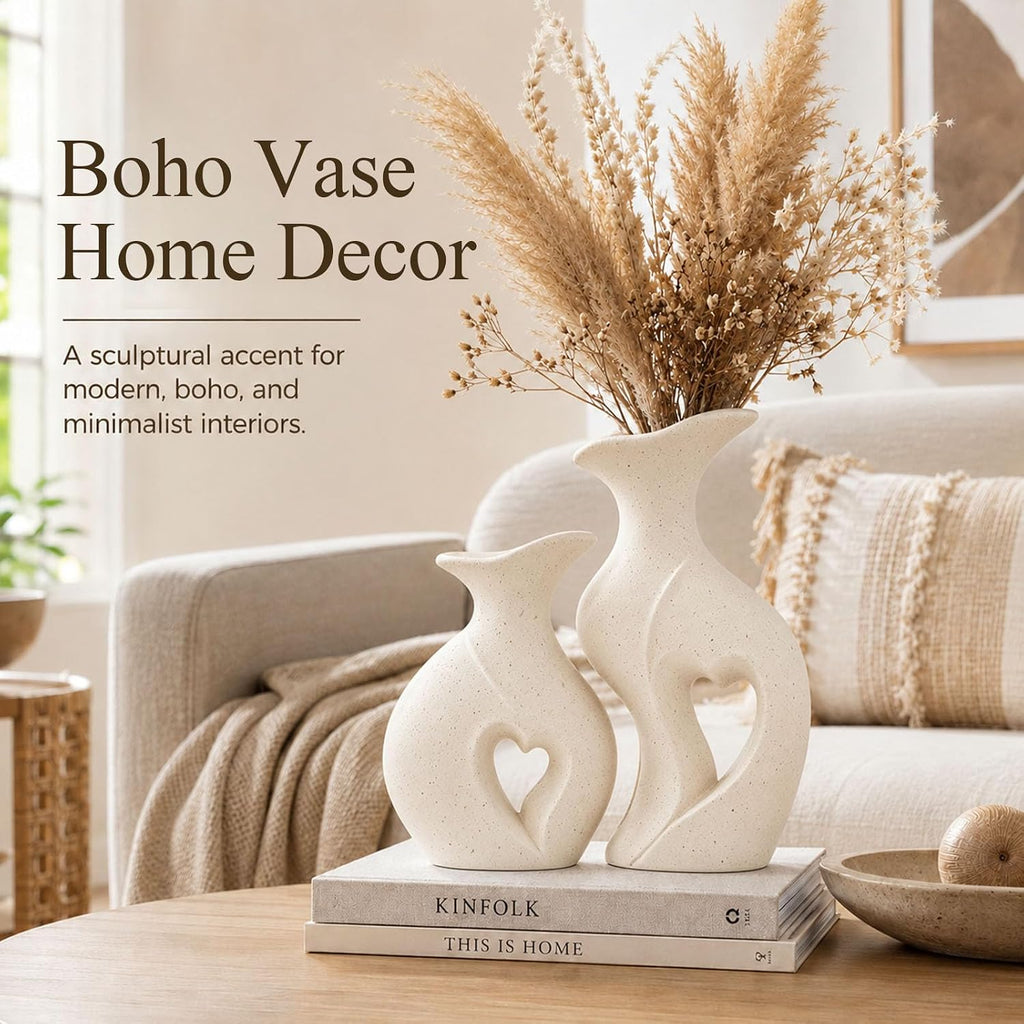 Heart Shaped Flower Vase Set of 2 Boho Modern Ceramic Vase (Cream) | Coffee Table Vase, Couples Wedding Gifts
