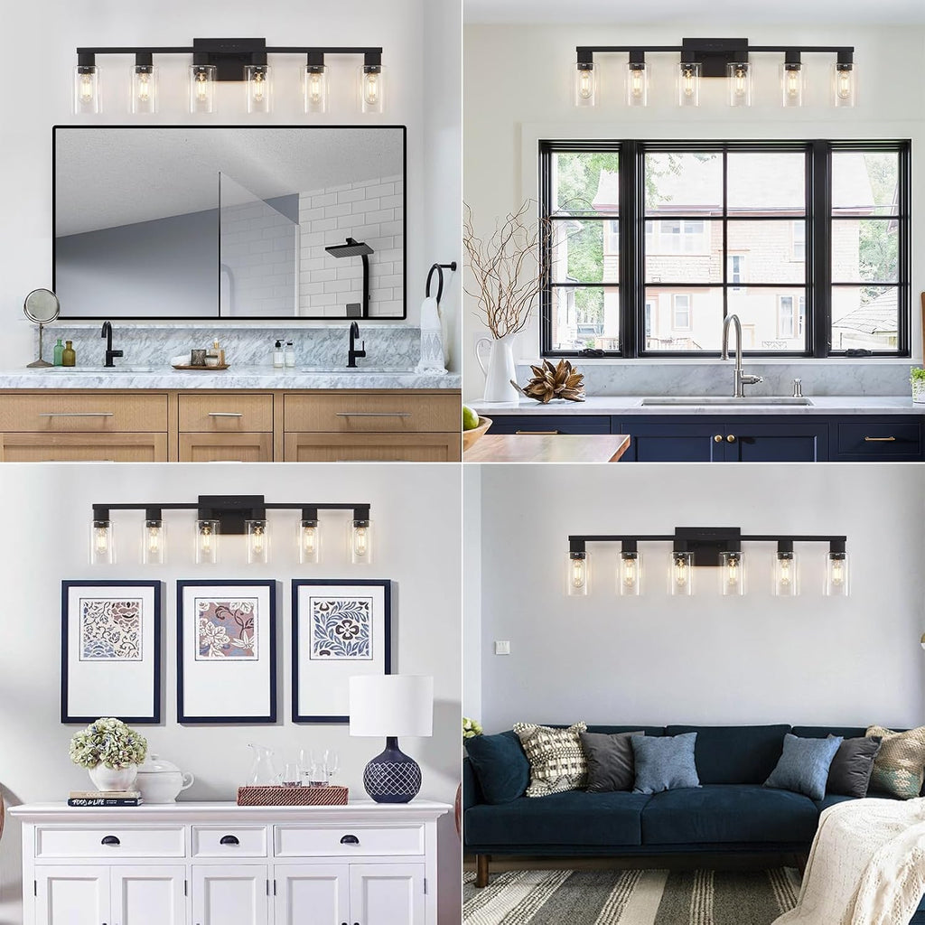 Black Bathroom Light Fixtures, 6-Light Bathroom Lighting Fixtures Over Mirror with Clear Glass Shade, Matte Black