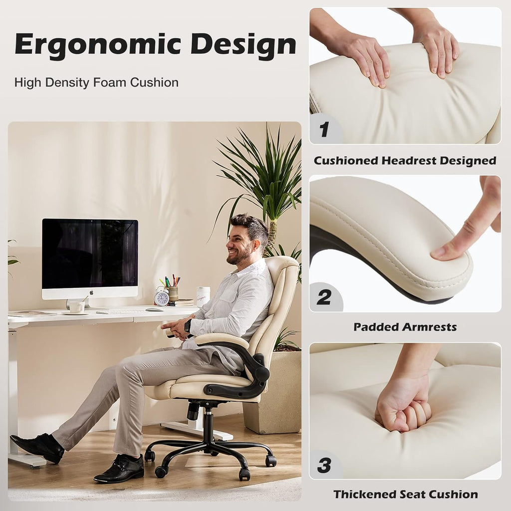 PU Leather - Ergonomic Executive Computer Desk Chairs with Adjustable Flip-up Armrest, Swivel Task Chair with Lumbar