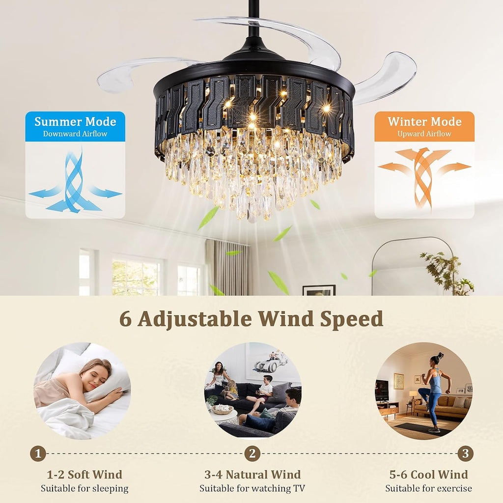42" Black Crystal Ceiling Fan Chandelier, Retractable Fandelier