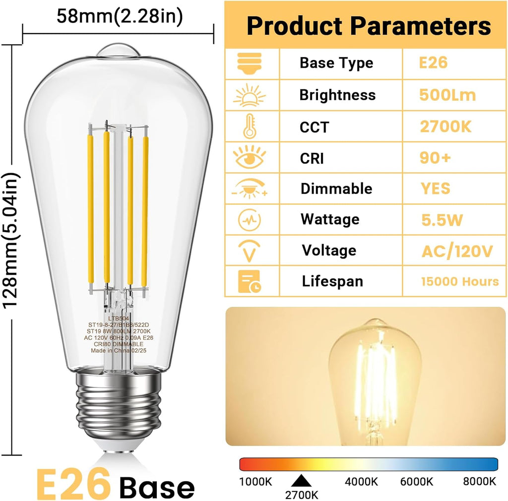 Edison Light Bulbs 5.5W, 60W Equivalent Dimmable Vintage LED Light Bulbs, 500LM E26 Medium Base Soft White 2700K LED (12 Pack)
