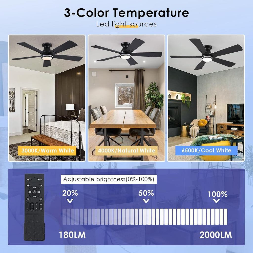 52In Black RGB Ceiling Fans with Lights - Flush Mount Low Profile Ceiling Fan Light with Remote/APP, RGB+3CCT 6 Wind Speeds and Reversible, Modern Fan Light Fixture for Party, Kid's Room