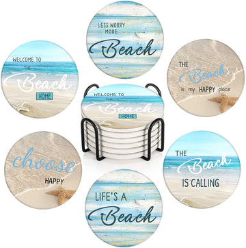 Coasters for Drinks, Set of 6, Ceramic Stone, Beach Teal