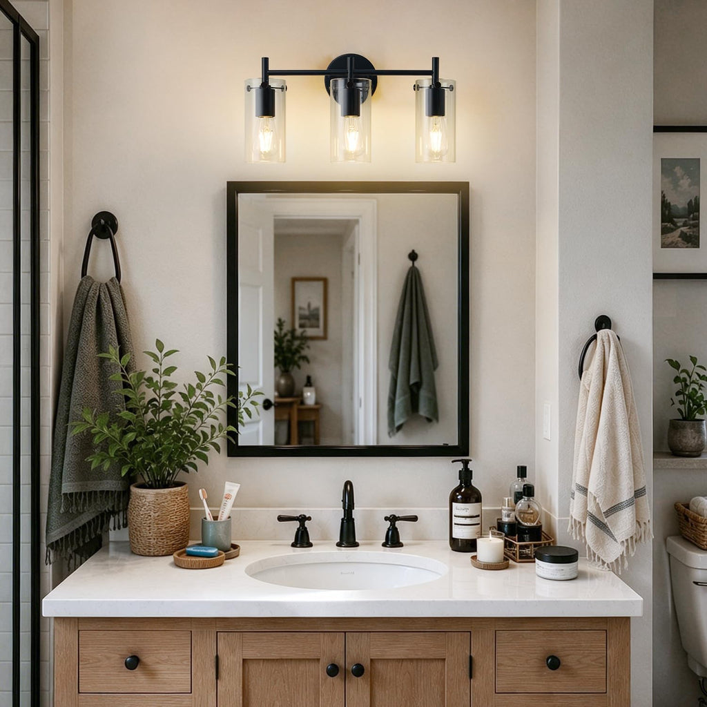 Bathroom Light Fixtures, 3-Light Matte Black Vanity Light, Black Bathroom Lights Over Mirror with Clear Glass Shade