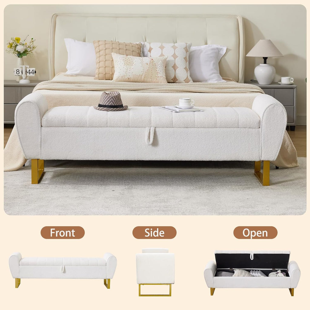 67'' King Size End of Bed Storage Bench ,Teddy Bedroom Benches for Foot of Bed King with Gold Legs, Storage Ottoman