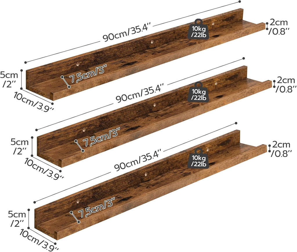 Floating Shelves, Wall Shelf Set of 3, 35.4 Inches Hanging Shelf with Raised Edge and Invisible Brackets, Decor