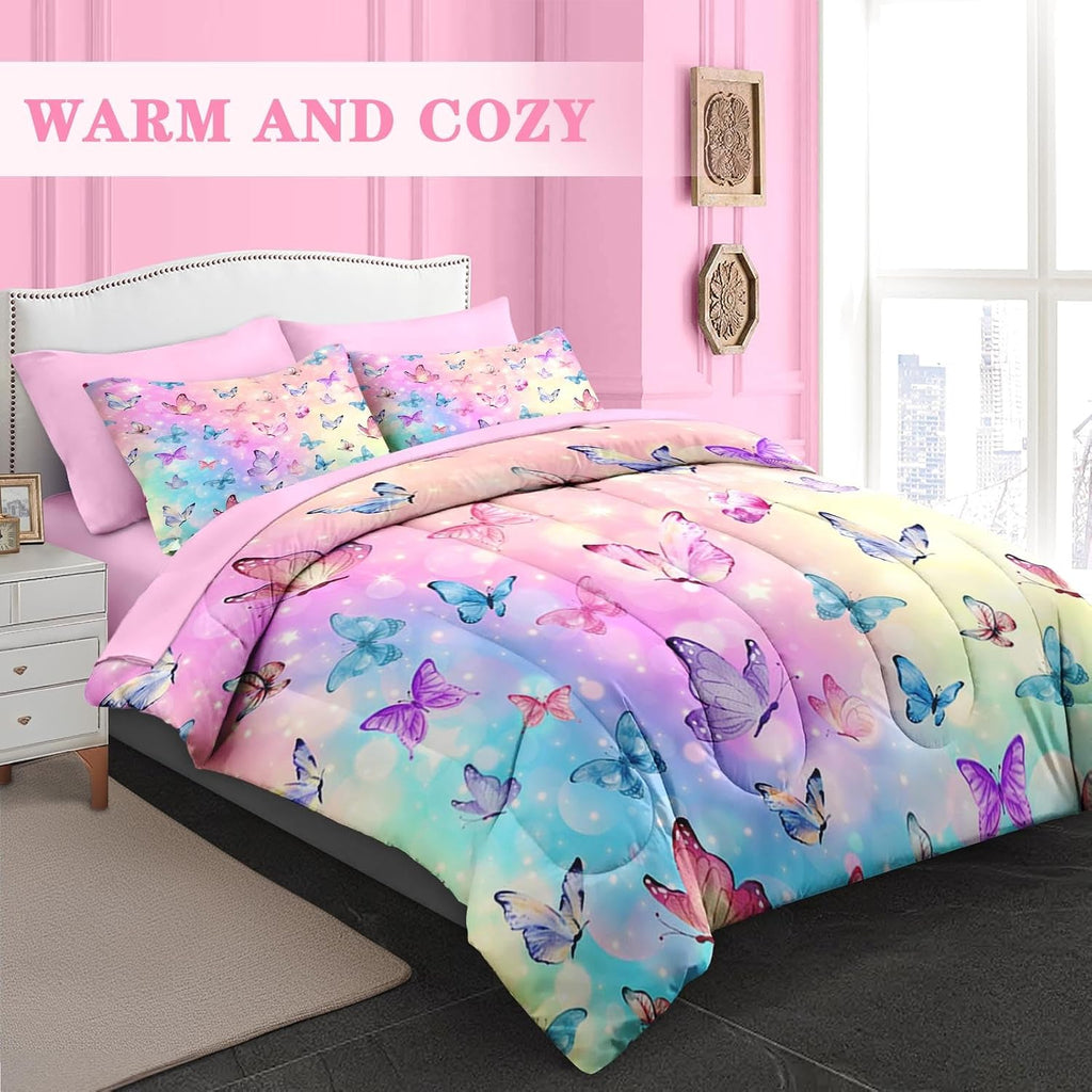 Comforter Set, Pink Blue Butterfly 5 Pcs Bedding for Kids and Adults, Colorful Rainbow Bed Sheet Sets