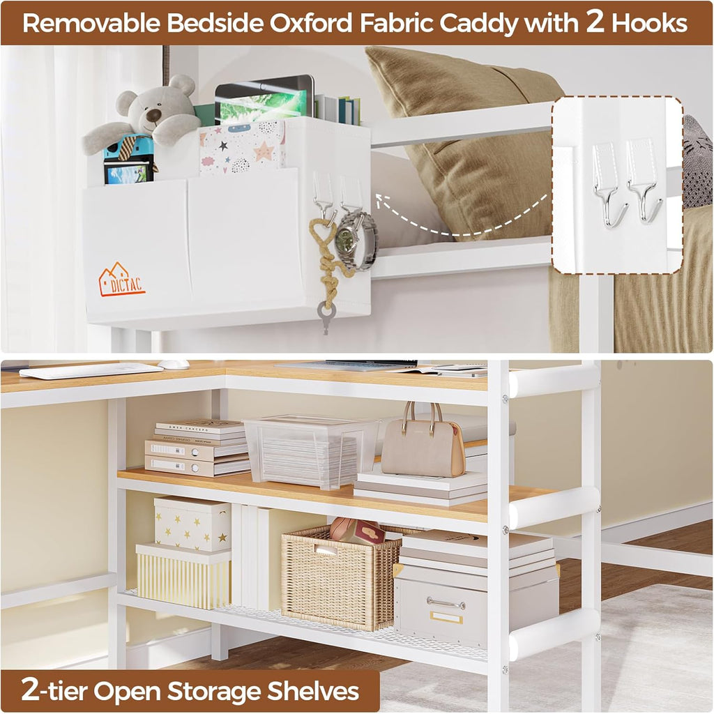 Twin Loft Bed with L-Shaped Desk, Storage Shelves and Charging Station Twin Metal Loft Bed with LED Lights and Coat