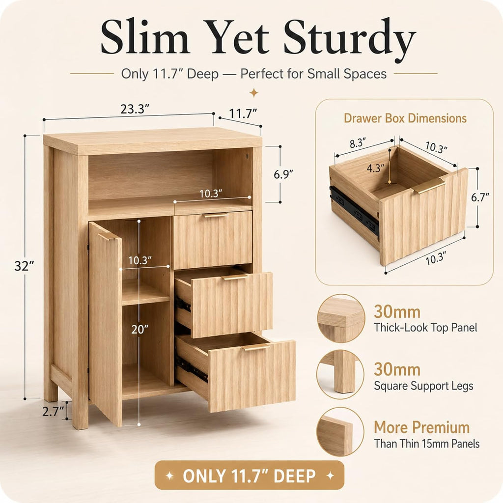Bathroom Storage Cabinet with 3 Drawers & Door, Slim Freestanding Floor Cabinet Organizer for Small Spaces, 30mm