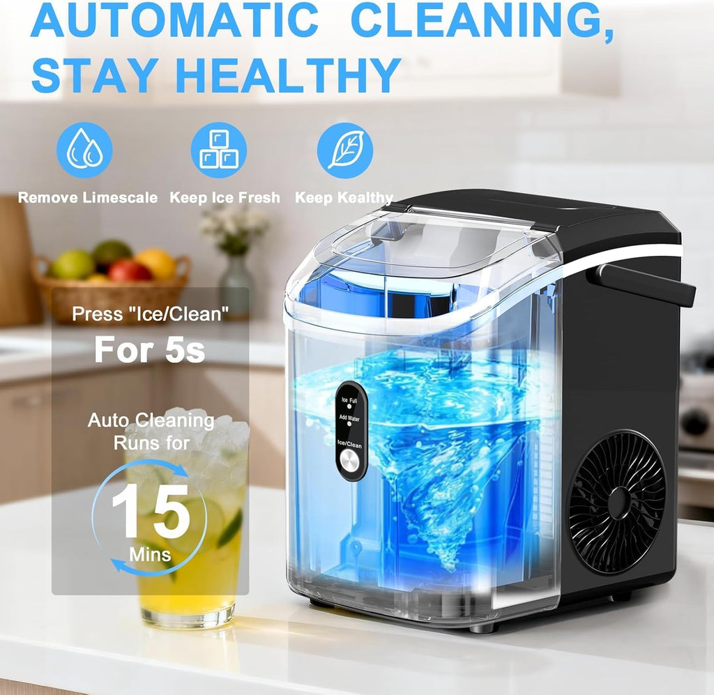 Nugget Ice Maker Countertop with Handle, Chewable Pellet Ice Maker with Self-Cleaning, 35.5Lbs/24Hrs, Ready in 6