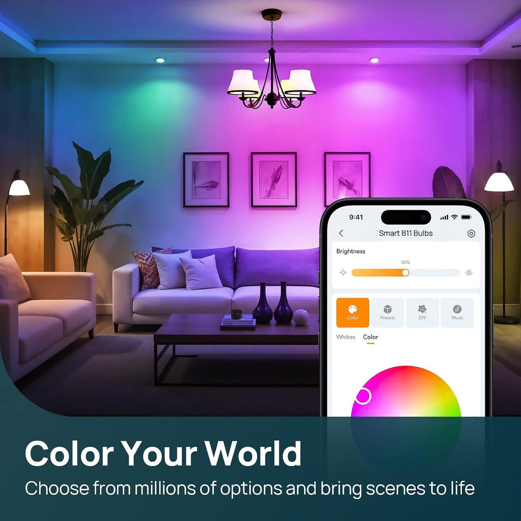 Matter Smart Light Bulbs, E12 Led Bulb Compatible with Alexa, 500LM Smart Bulbs for Chandelier, Color Changing RGBTW (2 Pack)