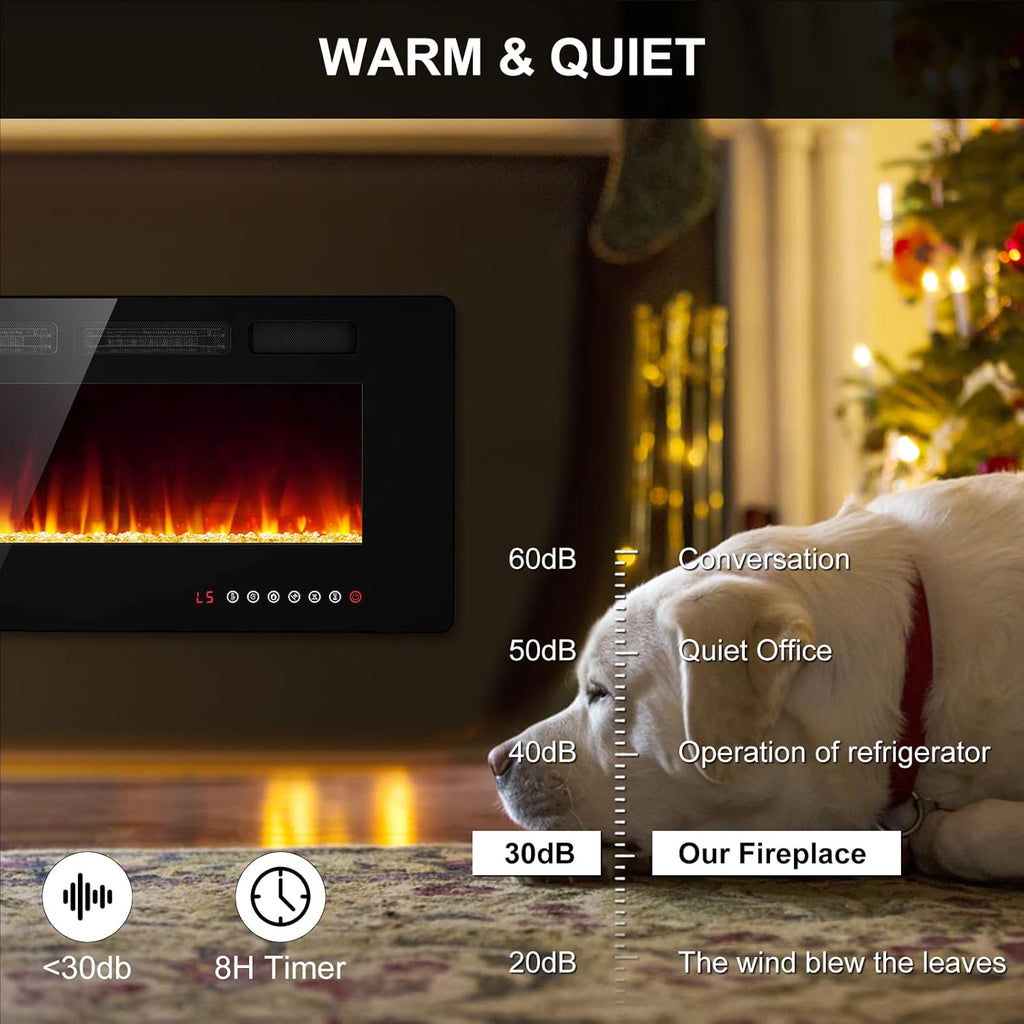 42" Ultra Thin Electric Fireplace Insert-ETL Certified, Recessed/Wall Mount, 3D Flame with Crystal