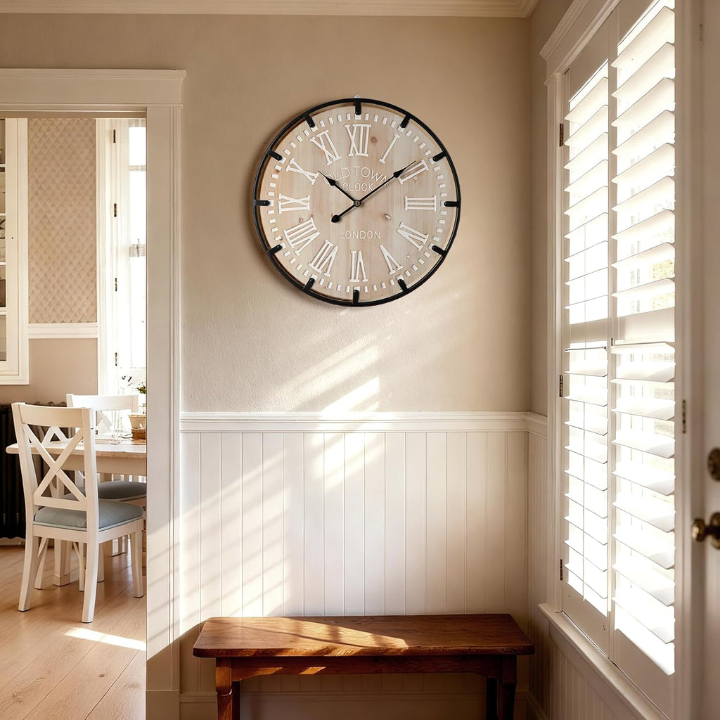 Farmhouse 24 Inch Extra Large Decorative Wall Clock with Metal Circle