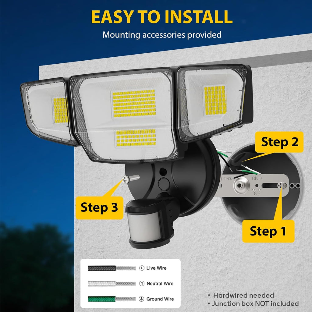 90W 10000LM LED Security Lights Motion Sensor Outdoor Lights, 4 Head Dusk to Dawn, 6500K Daylight Flood Lights