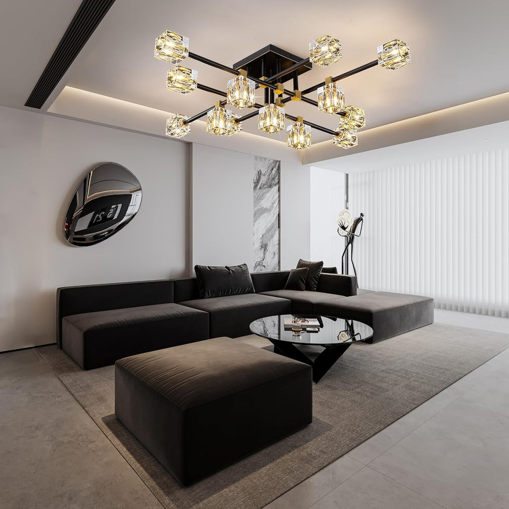Crystal Ceiling Light Fixture with 13-Lights,Black and Gold Semi Flush Mount Ceiling Light,Modern Chandelier