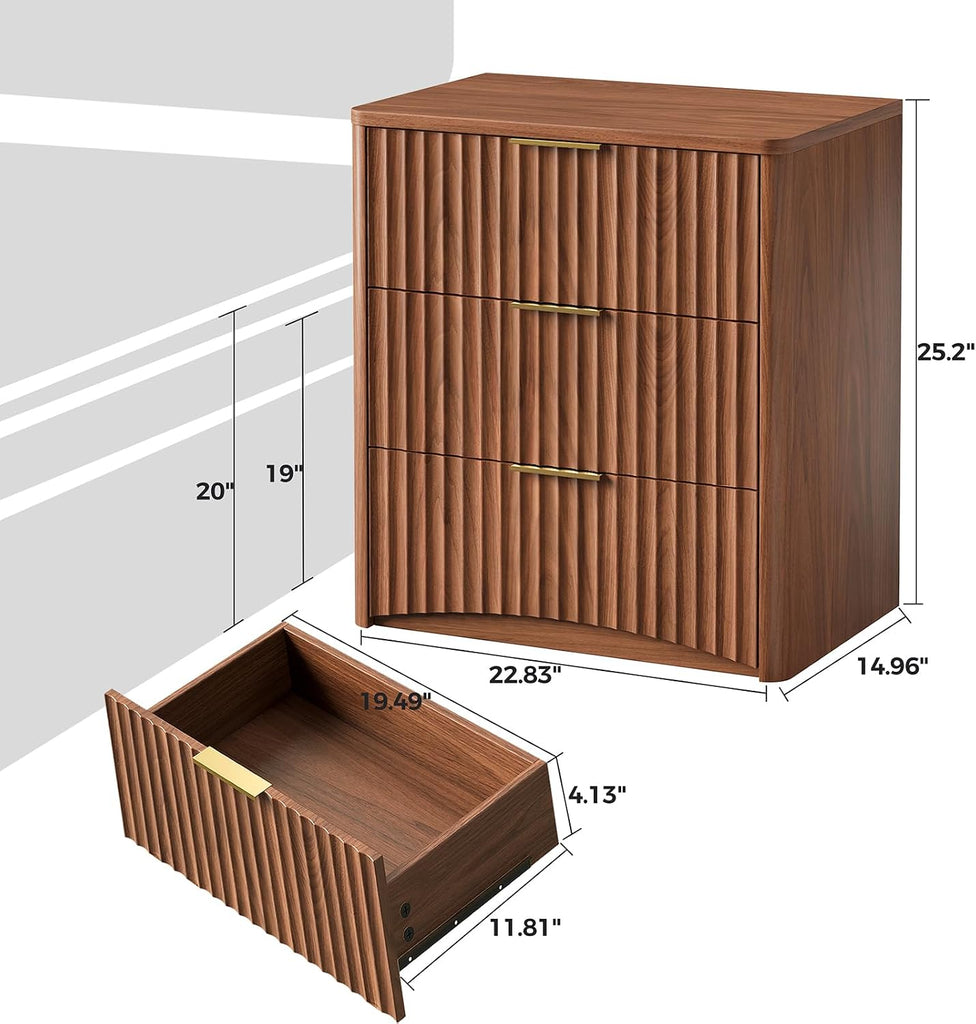 Fluted Nightstand, Walnut Bedside Table with 3 Drawers, Wood End Table with Storage Mid Century Modern, Large Night