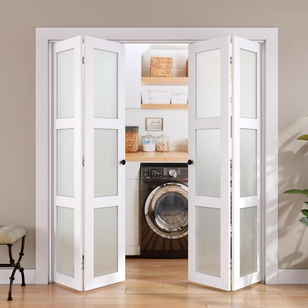 Bifold Door, for 64"x 80" Opening,Tempered Frosted Glass Closet Folding Barn Door with Hardware Kit,