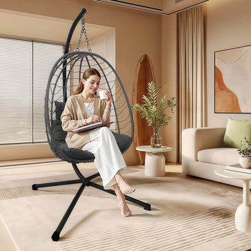 Hanging Egg Chair with Stand, Outdoor Rattan Swinging Egg Chair, Dark Grey, for Porch, Living Room, Poolside and