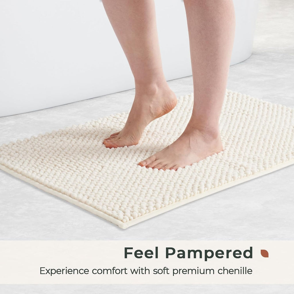 Chenille Bath Rugs Set 2 Pieces, Cream White, 17''x24''+20''x32'' | Non-Slip Bathroom Mats Set, Absorbent Fiber