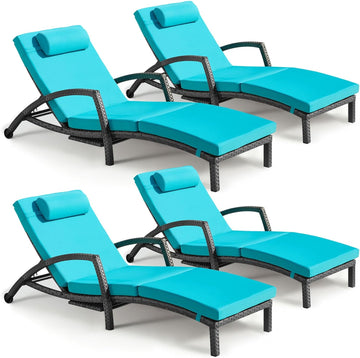 Chaise Lounge Chairs Outdoor Set of 4, Comfy Outside Wicker Patio Pool Lounge Chair w/ 5 Adjustable Back Angle, Cup