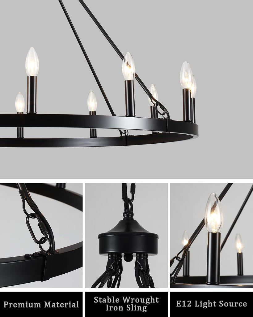 12-Light Black Wagon Wheel Chandelier for Dining Room Farmhouse Pendant Light Fixtures Outdoor for Rustic High