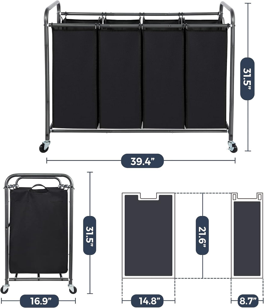 Laundry Sorter 4 Section, 4 Bag Clothes Hamper, Rolling Laundry Cart Basket with Heavy Duty Lockable Wheels and