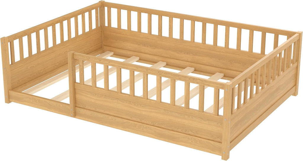 Full Size Kids Montessori Floor Bed Frame with High Fence,Natural | Solid Wood,Full Surround Safety Guardrails,Slat