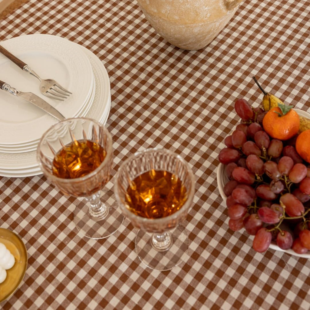 Coffee Plaid Ruffled Table Cover Linen Rectangle Gingham Tablecloth Classic Farmhouse Vintage Checkered Table Cover