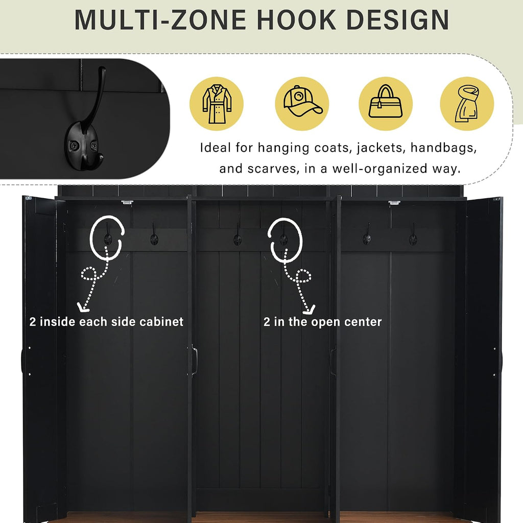 62.2''W Entryway Hall Tree with Bench, 3 Top Cubbies & Bottom Storage Space, Farmhouse Coat Rack with Hooks &