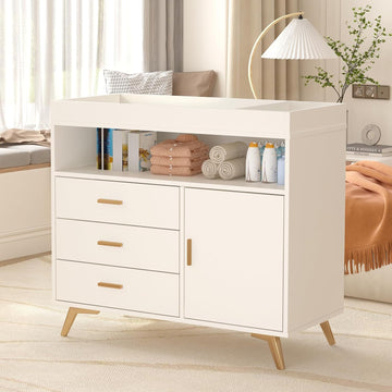 Baby Changing Table Dresser with Table Top, 3 Drawers & Open Shelf | Wooden Diaper Changing Station with Safety Rails