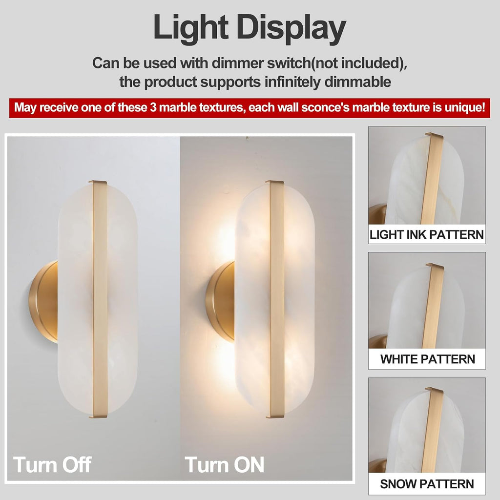 Natural Alabaster Wall Sconces Set of Two Marble Wall Sconces Gold Bathroom Vanity Wall Light Fixtures Modern Oval