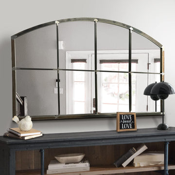 Wide Window Pane Black Mirror,Farmhouse Arched Wall Mirror,Mantel Mirror for Fireplace/Entryway/Hallway/Living