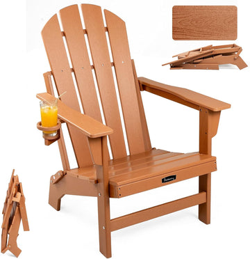 Folding Adirondack Chair, Stable Fire Pit Chairs with Cupholder | Wood-Grain, Stable Gun-Leg, HDPE All Weather, No