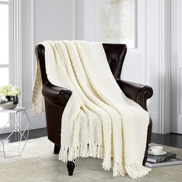 Warm Tassel Knit Blanket Throw Size, Cream Thick Knitted Armchair Office Chair Throw Blankets, Winter Chunky