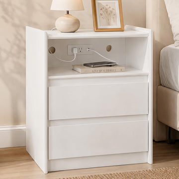 24" Tall Nightstand with Charging Station Including USB-C, Modern Bedside Table and Sofa End Table - White, 2