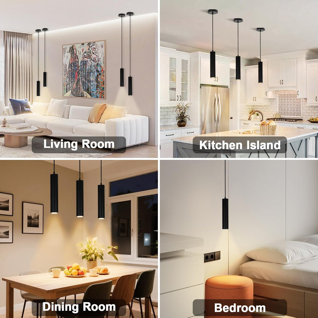 Modern Black Pendant Lights 2 Pack, LED Minimalist Pendant Lighting Fixture for Kitchen Island, Long Tube Hanging