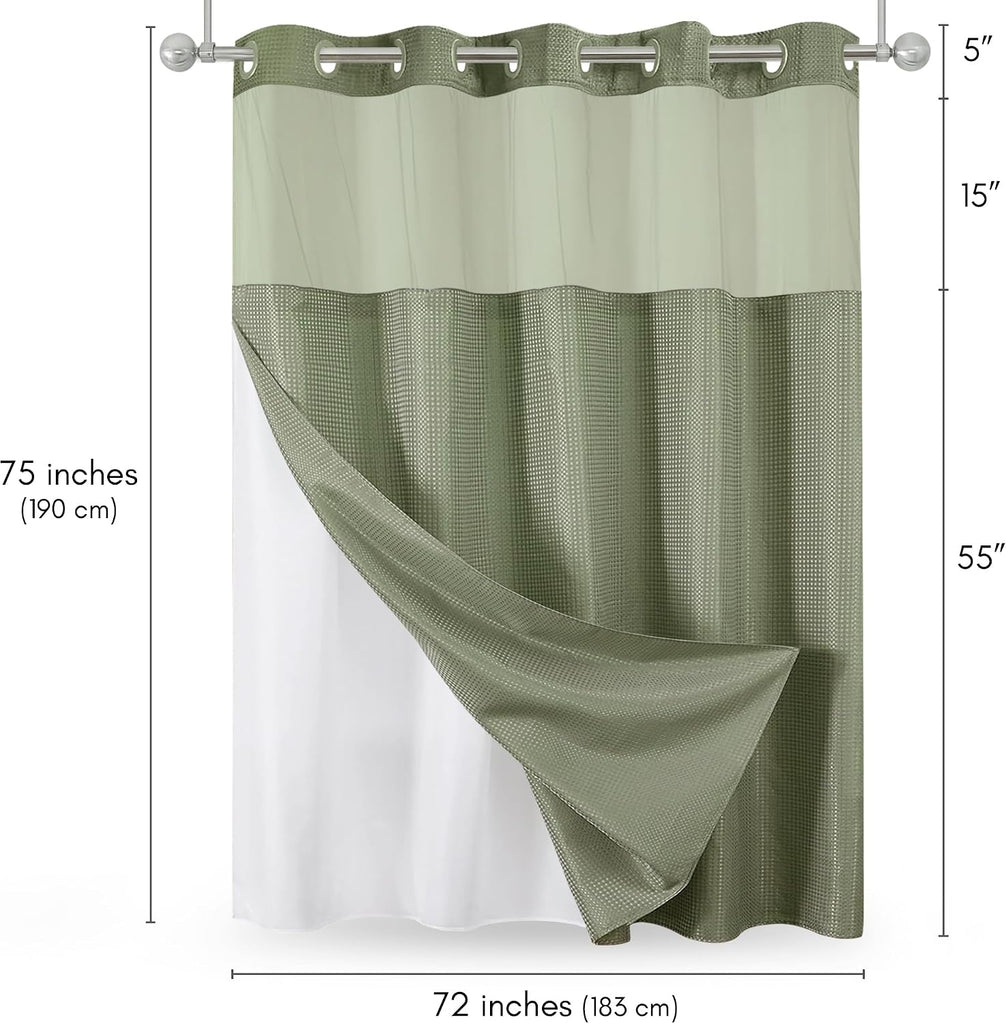 72x75 Hookless Waffle Pattern Shower Curtain - Water-Resistant Long Shower Curtain with Sheer Panel, Snap-in Liner