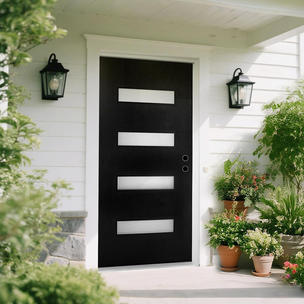 Fiberglass Exterior Door 36" x 80" with Frosted Glass and Brickmould, Left-Hand Inswing Front Door, Black Finish