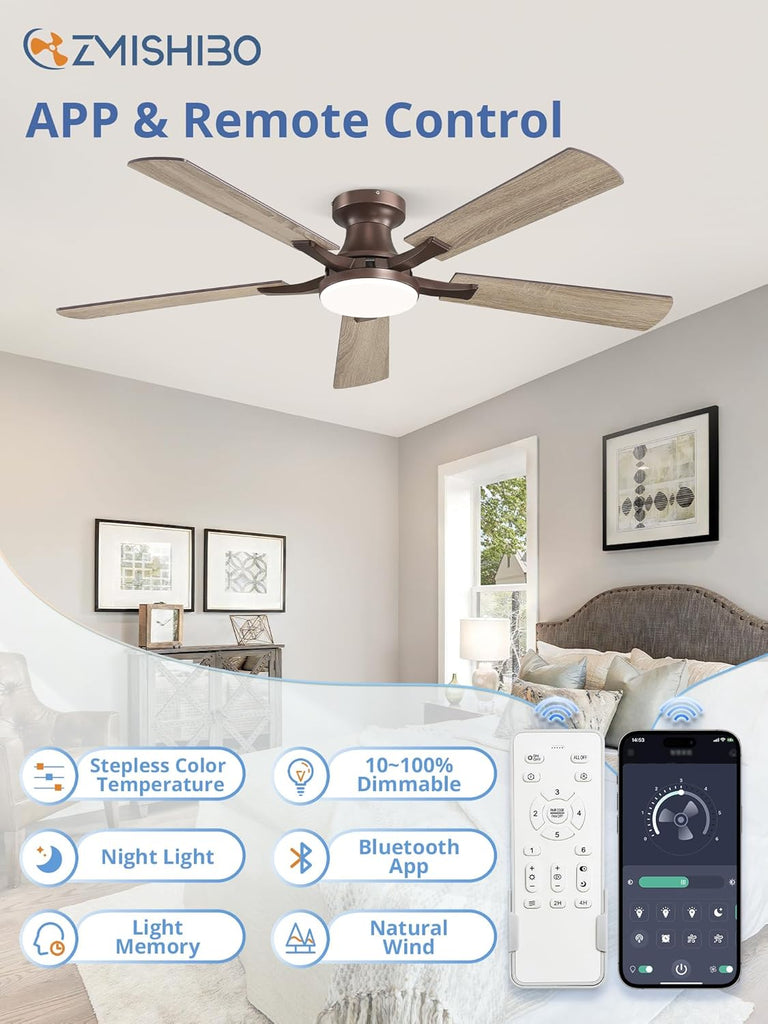 52 Inch Ceiling Fan with Light, App&Remote Control, Flush Mount Low Profile, Dimmable 20W LED Light, Quiet Reversible Motor for Bedroom, Living Room, Apartment, Brown