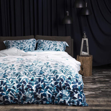 100% Long Staple Cotton Duvet Cover Set Gradient Blue Leaves Printed Comforter Cover Set Farmhouse Plant Comforter