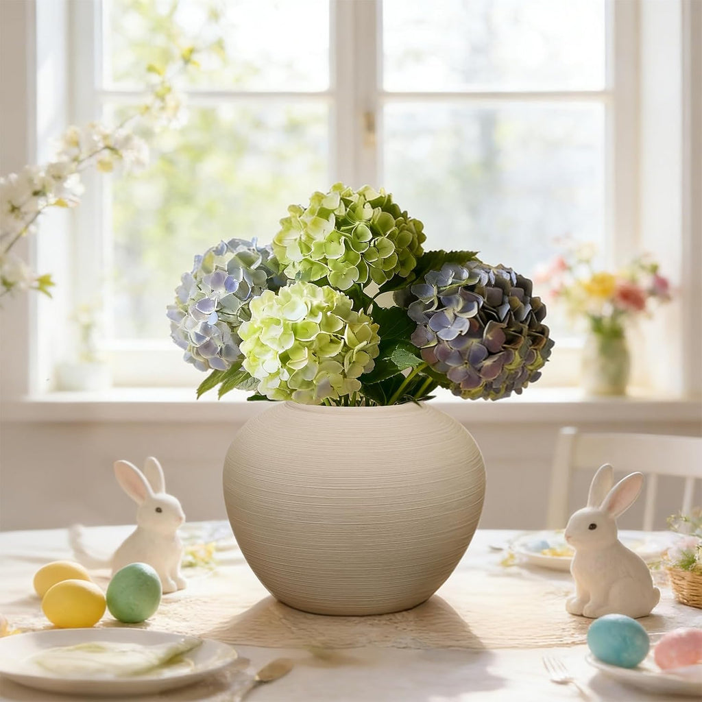 Ceramic Flower Vase Round Textured Vase,Farmhouse Vase(6" Tall, 7.7" Width) | Wide Round Terracotta Rustic Vases