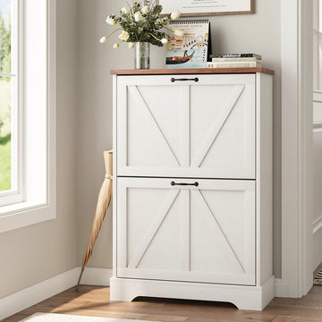 Shoe Cabinet, Shoe Storage Cabinet with 2 Flip Drawers, Narrow Farmhouse Shoe Organizer Cabinet, Slim Shoe Rack