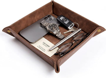Leather Valet Tray, Premium PU Leather Catch-All Tray for Entryway Table Key, Phone, Wallet, Coins & Jewelry, Bedside