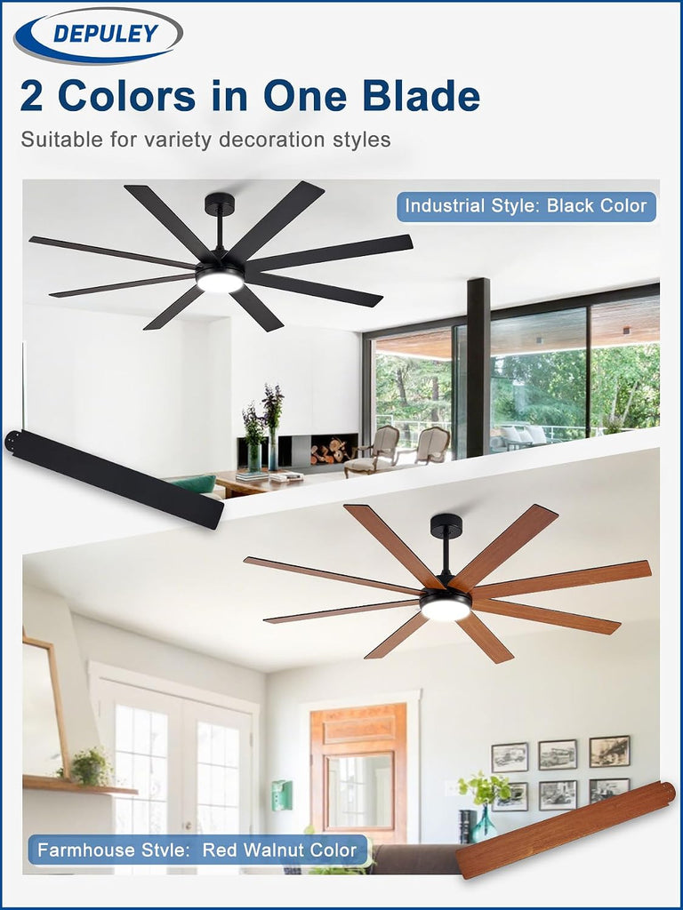 72" Ceiling Fans with Lights: Black Indoor/Outdoor Ceiling Fan for Patios Living Room - 8 Blades Dimmable Large