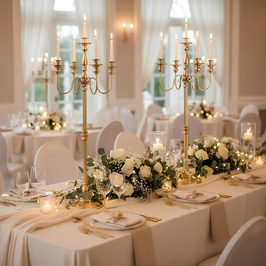 Gold Candelabra, 50'' Tall Floor Candle Holders, 2 Pcs Metal 5 Arm Centerpiece Decorations for 5 Candlesticks Party